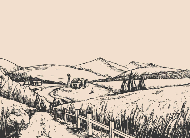 Paysage rural avec collines, dans le style graphique, l'illustration est dessinée à la main
. - Vecteur, image