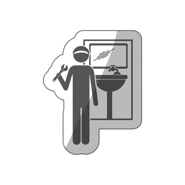наклейка силует сантехнік з гайковим ключем у ванній
 - Вектор, зображення