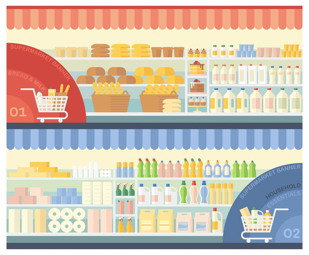 The interior of the supermarket with food and household cleaning products - Vector, Image