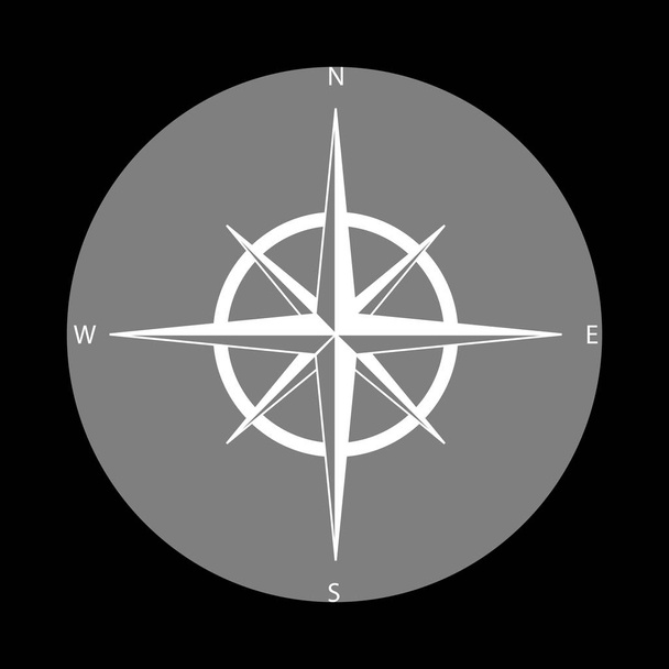 Знак розы ветра. Белый значок в сером круге на черном фоне. C
 - Вектор,изображение