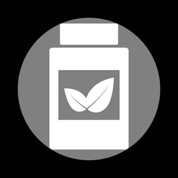 Supplementen container teken. Wit pictogram in grijze cirkel op zwarte b - Vector, afbeelding