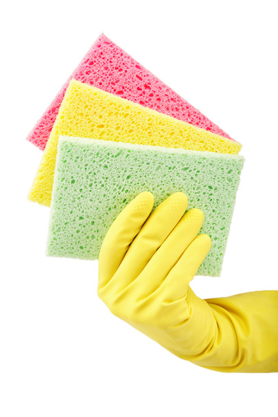 Hand with rubber glove and cleaning sponge on white background - 写真・画像