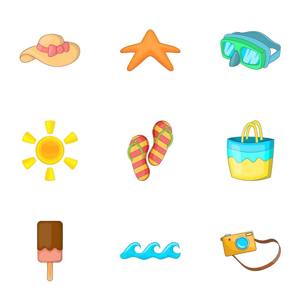Beach holidays icons set, cartoon style - Διάνυσμα, εικόνα