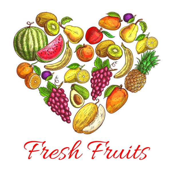 Świeże owoce i jagody plakat kształt serca - Wektor, obraz