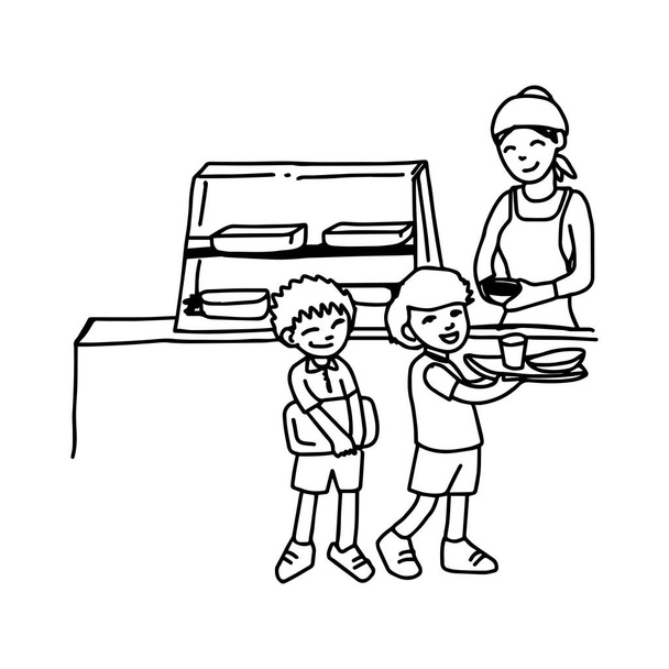 illustrazione vettore disegnato a mano scarabocchio di mensa con due ragazzi tenendo vassoio isolato su sfondo bianco
 - Vettoriali, immagini