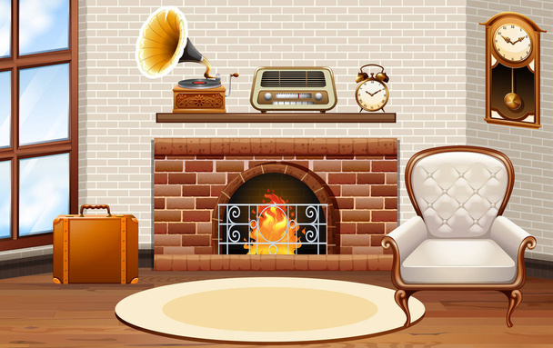 Room with fireplace and vintage furniture - Vector, Image