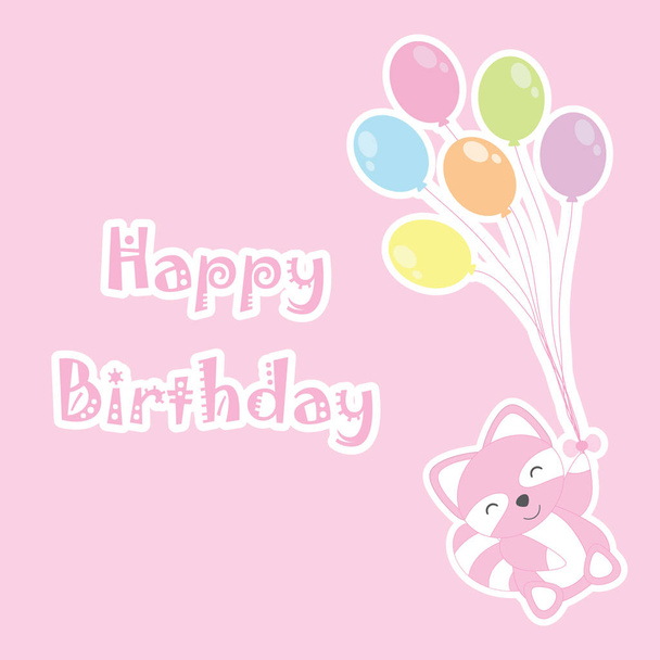 Birthday card with cute raccoon brings colorful balloons  - Vektör, Görsel