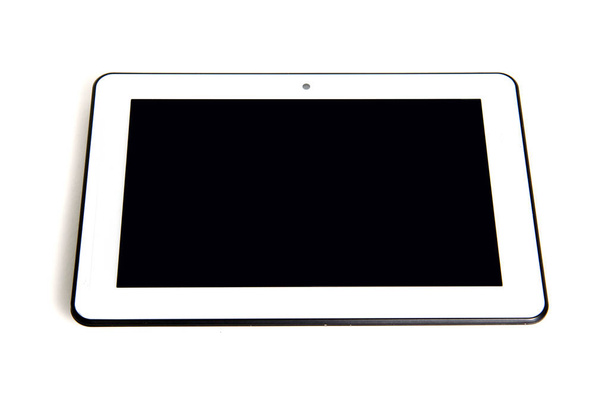 Tablette tactile moderne blanche et noire isolée sur le dos blanc
 - Photo, image