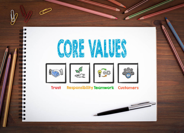 Βασικές αξίες. Σημειωματάρια, στυλό και χρωματιστά μολύβια σε ένα ξύλινο τραπέζι - Φωτογραφία, εικόνα