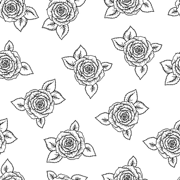 beautiful black and white seamless pattern roses with outlines. Hand-drawn contour lines and strokes. Sketch engraving style monochrome flowers and leaves. Intricate romantic background, decoration - Vektör, Görsel