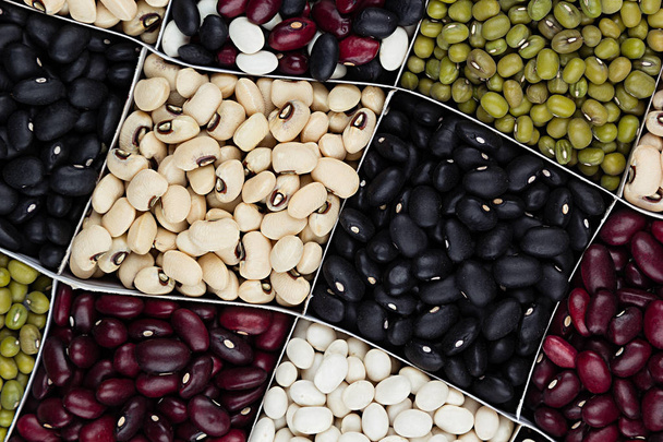 Kidney beans background, different kind haricot - red, black, white, mung  in square cells closeup top view. - Zdjęcie, obraz