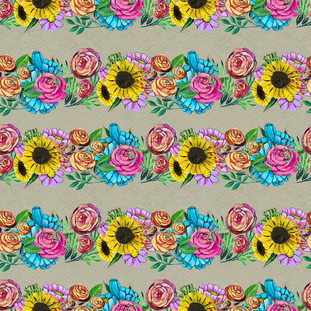 Seamless pattern with blue yellow and pink flowers - Photo, image