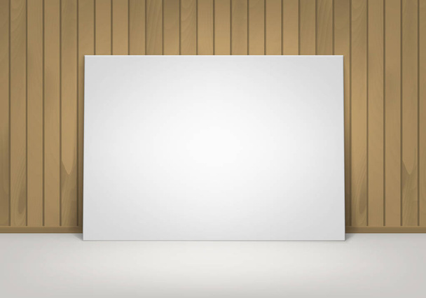 Vektor leer leere weiße Attrappe Poster Bilderrahmen steht auf dem Boden mit braunen Siena hölzerne Wand Frontansicht - Vektor, Bild