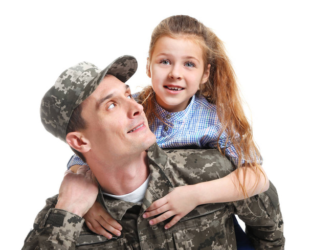 Happy soldier with his daughter on white background - Zdjęcie, obraz