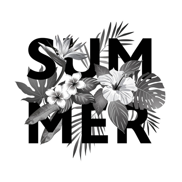 Advertising emblem with type design and tropical flowers and plants. Tropical paradise. Summer. - Вектор,изображение