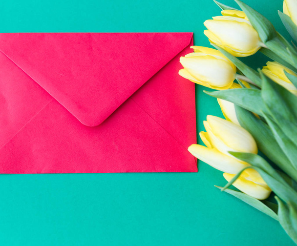 Yellow tulips bouquet and envelope - Zdjęcie, obraz