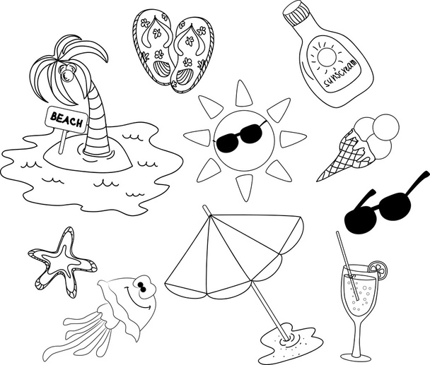 Beach icon set, black and white coloring - Vettoriali, immagini