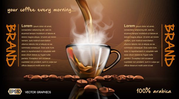 Realistic splash flowing coffee Mockup template for branding, advertise and product designs. Fresh steaming hot drink in a glass transparent cup  Roasted beans - Vector, imagen