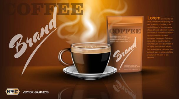 Realistic hot coffee cup and package Mockup template for branding, advertise product designs. Fresh steaming drink in a mug with shadows reflections - Vector, imagen
