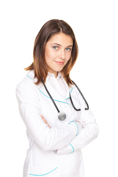 Portrait of young female doctor with arms crossed isolated on wh - Foto, Imagem