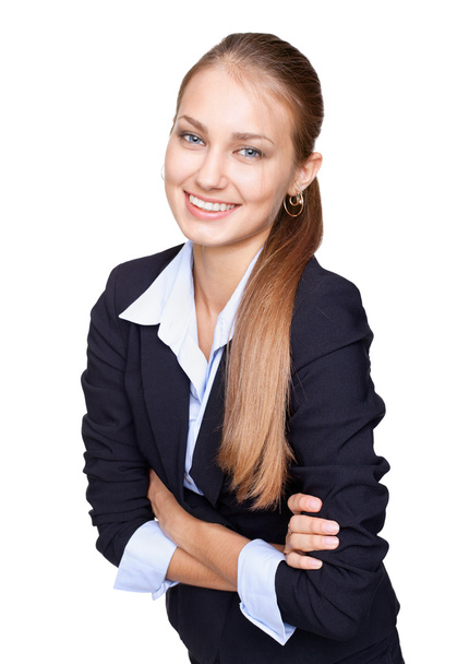Portrait of young smiling businesswoman isolated on white backgr - Фото, изображение