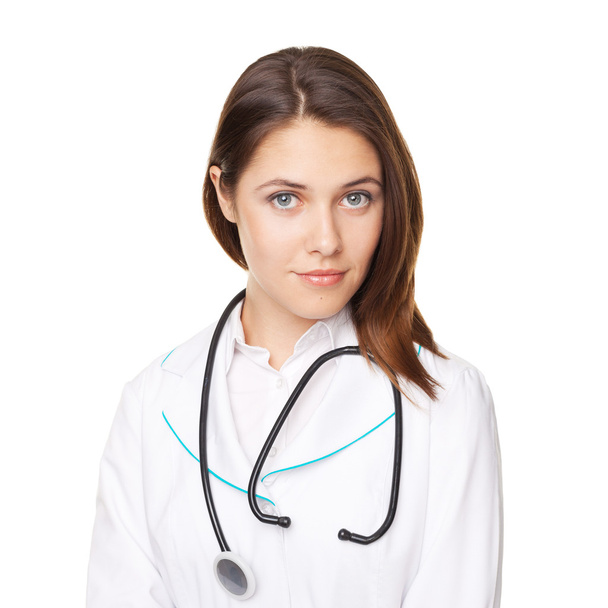 Portrait of young female doctor with arms crossed isolated on wh - Foto, Imagem