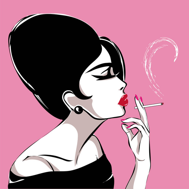 Retro black and white fashion woman profile portrait, smoking girl vector illustration - ベクター画像