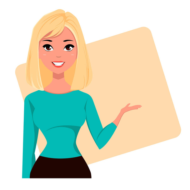 Young cartoon businesswoman wearing business style clothing. Fashionable blond modern lady. Beautiful girl presenting business plan, startup. Vector illustration. EPS10 - Vector, Image
