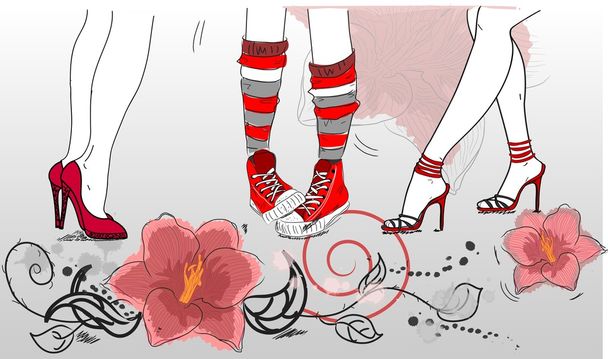 ファンタジーの花とトレンディな靴での花の背景 - ベクター画像