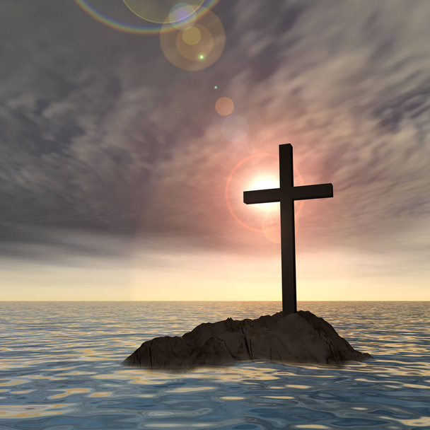 chrześcijańskiej krzyż stojący na skale - Zdjęcie, obraz
