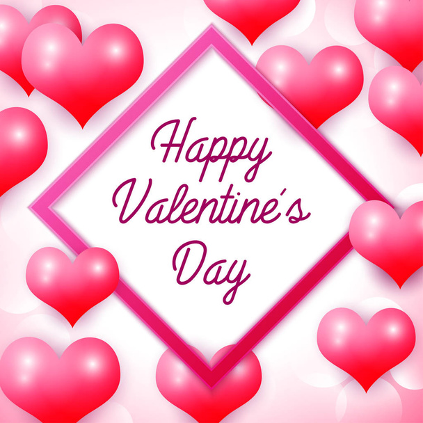 Happy Valentines day with pink square frame. Background with red balloons heart pattern. Wallpaper, flyers, invitation, posters, brochure, banners. Vector illustration. - Vektor, obrázek