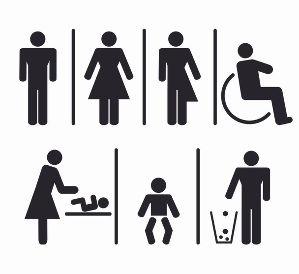 Servizi igienici e WC segni per gli uomini donne trans-gender disabili cura del bambino e di avvertimento spazzatura
 - Foto, immagini