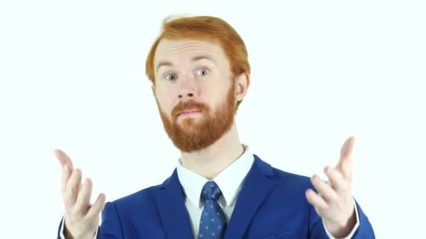Inviting Gesture by Red Hair Beard Businessman, Isolated - Video
