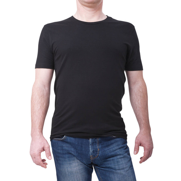 Man wearing blank black t-shirt isolated on white background with copy space. Tshirt design and people concept - close up of men in blank shirt. For mock up template design. Front view - Foto, immagini