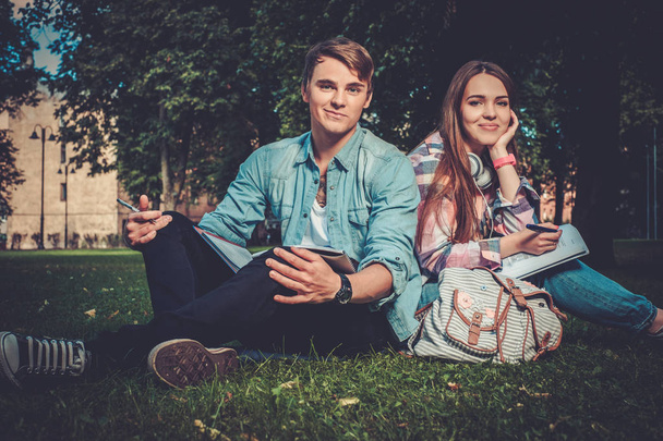 Couple joyeux avec étudier dans un parc verdoyant
 - Photo, image