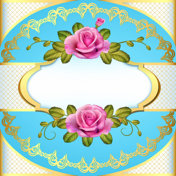 Illustration vintage frame background with roses and golden orna - Διάνυσμα, εικόνα