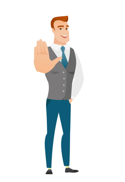 Caucasian business man showing palm hand. - Vector, afbeelding