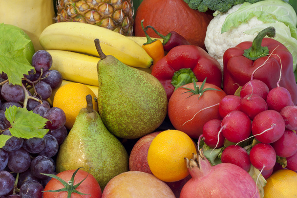 Fruits and vegetables colorful mixed assortment closeup - 写真・画像