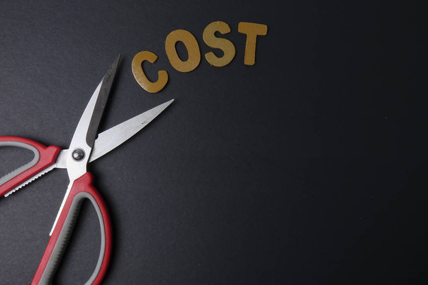 Un par de tijeras reduce el costo de la palabra de gastos empresariales para ahorrar costos. Concepto de negocio y poca luz
. - Foto, imagen