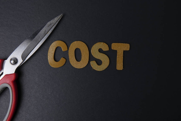 はさみのペアは、ビジネス費用単語コストを節約するためのコストをカットします。ビジネス コンセプトと低光. - 写真・画像