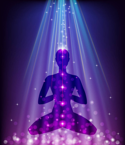 Padmasana on glowing purple background - Vector, Image