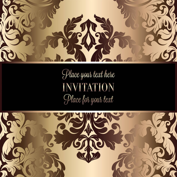 Abstract background with luxury beige and gold vintage frame, victorian banner, damask floral wallpaper ornaments, invitation card, baroque style booklet, fashion pattern, template for design - Vector, Image
