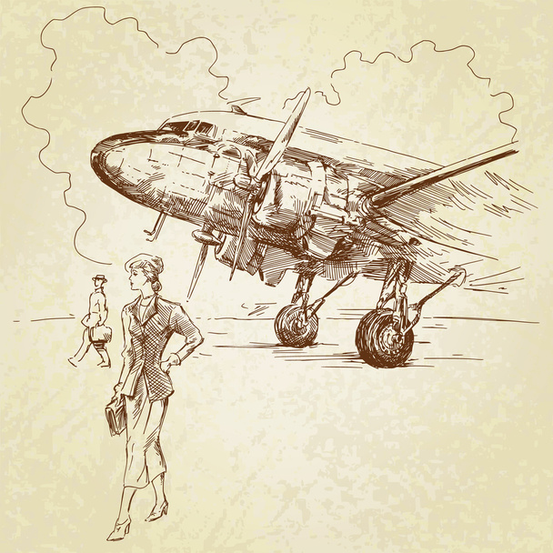 ヴィンテージ飛行機 - 手描きイラスト - ベクター画像