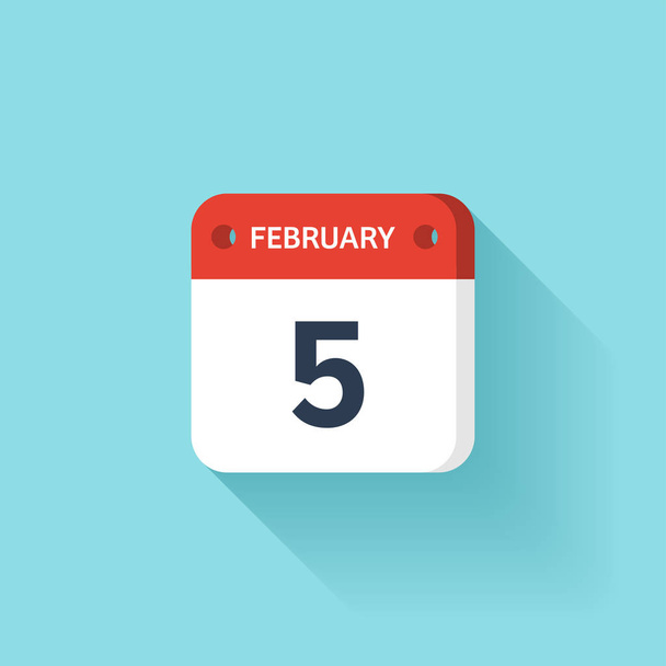 February 5. Isometric Calendar Icon With Shadow.Vector Illustration,Flat Style.Month and Date.Sunday,Monday,Tuesday,Wednesday,Thursday,Friday,Saturday.Week,Weekend,Red Letter Day. Holidays 2017. - Vector, Image