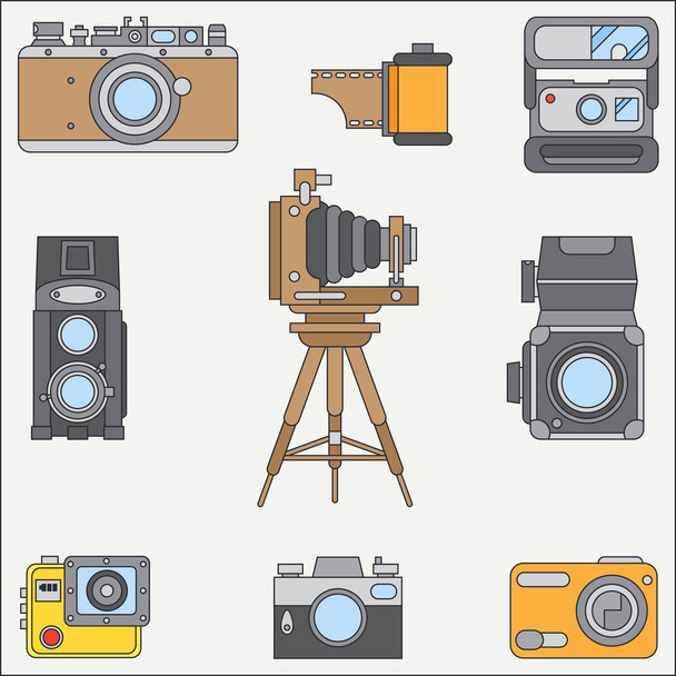 Line flat color vector icon set with retro analog film cameras. Photography and art. Reflex 35mm photocamera. Cartoon style. Illustration and element for your design. Photographic lens. Simple. Shoot. - ベクター画像