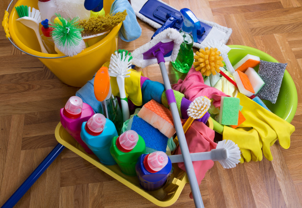 Cleaning supplies and equipment on floor - Photo, Image