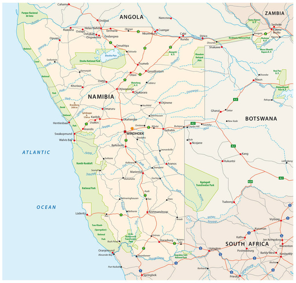 Vektorstraßen und Nationalpark-Karte von Südwestafrika - Vektor, Bild
