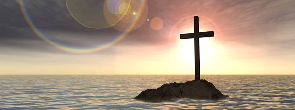 chrześcijańskiej krzyż stojący na skale - Zdjęcie, obraz