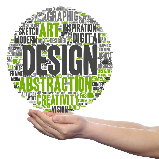 Concept conceptual creativity art graphic design visual word cloud in hand  isolated on background - Photo, Image