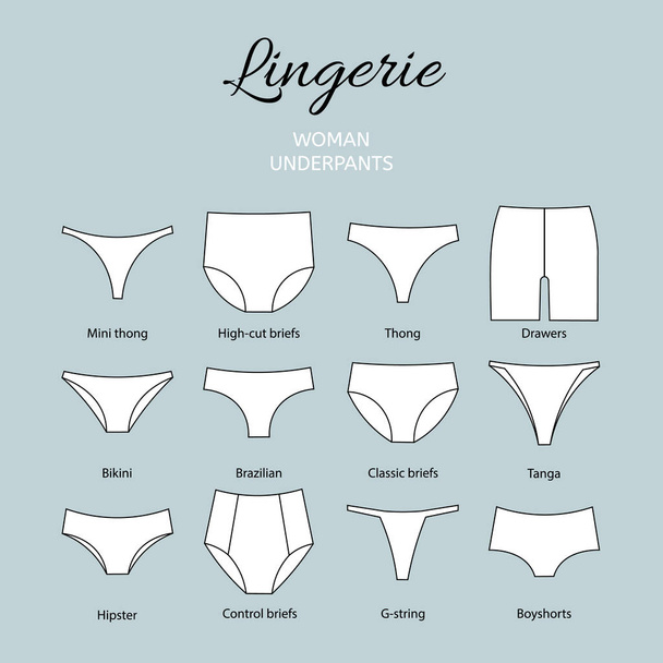 Hand Drawn Types Of Women's Panties. Vector Set Of Underwear